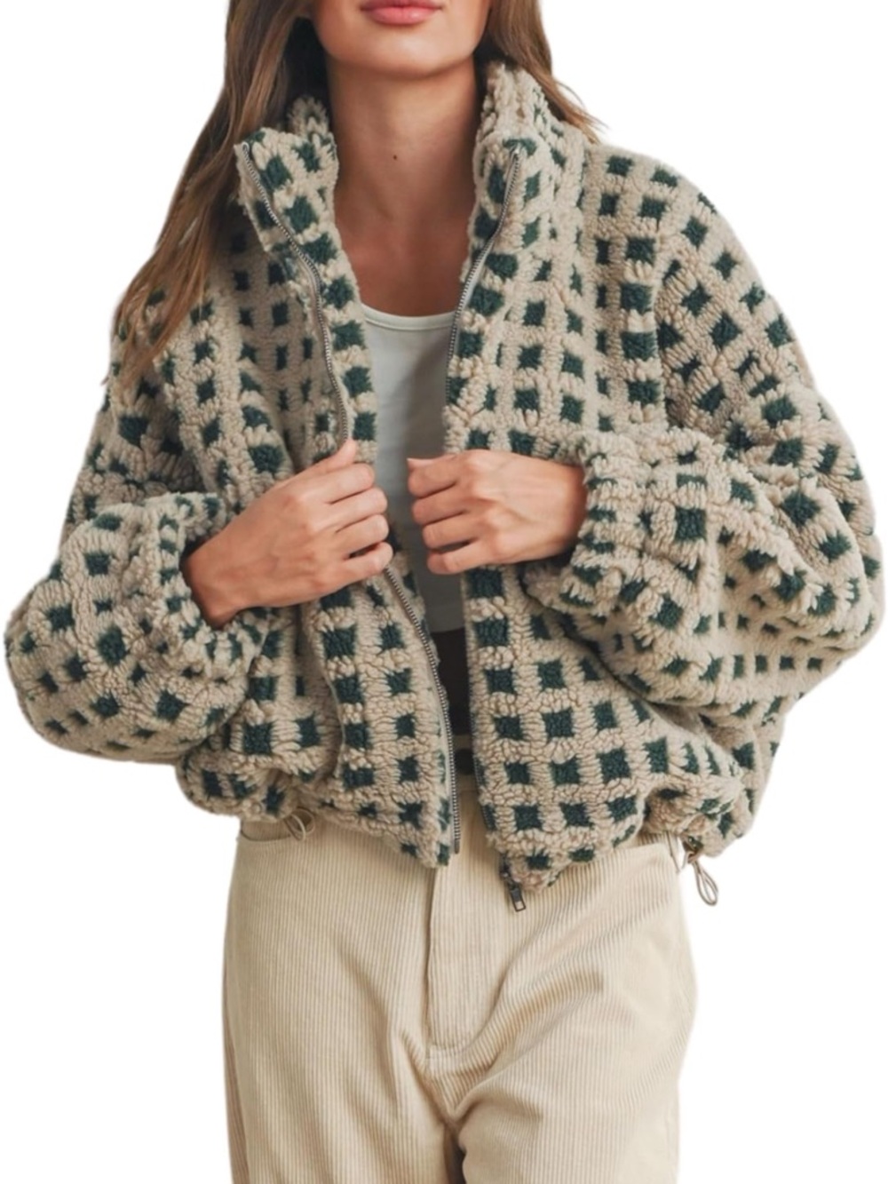 Cozy Checkered Sherpa Zip Jacket - Beige & Forest Green